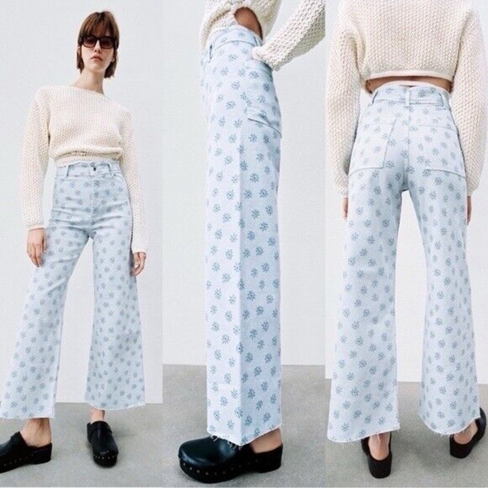 Zara Marine Blue Floral Wide Leg Jeans